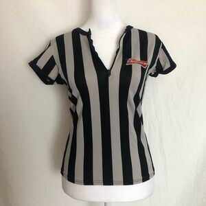 Budweiser Black and Grey Striped Women's Top